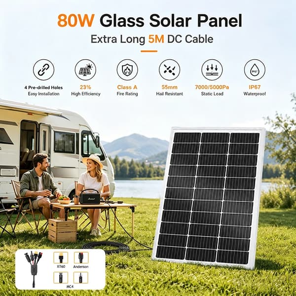 Solpanel 80W - Rigid glas solcellepanel - 5 m DC-kabel - 5-i-1 DC multistik - Sæt til have, altan, camping