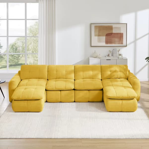 Modulsoffa - U-formad 4-sitssoffa - Chenilletyg - Djupa sitsar - 2 pallar - Ingen montering - Gul