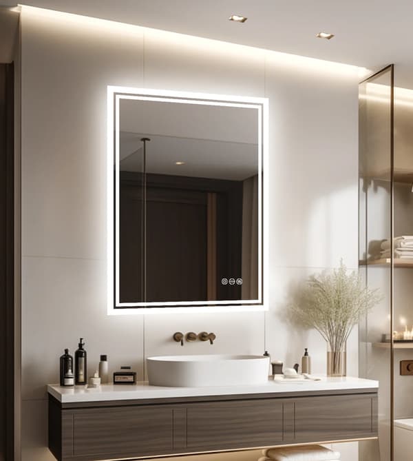 LED Badrumsspegel - Rektangulär Väggspegel 70x90 cm - Bakbelyst - Dimbar - Imfri - Splittersäker - Ramlös - Silver