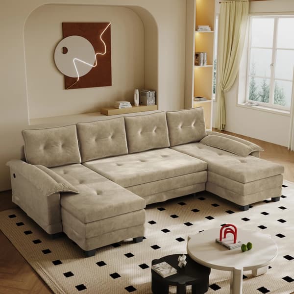 U-formad modulsoffa - Bäddsoffa - Konvertibel - Chenille - Trästomme - Modern design - Kamelfärgad