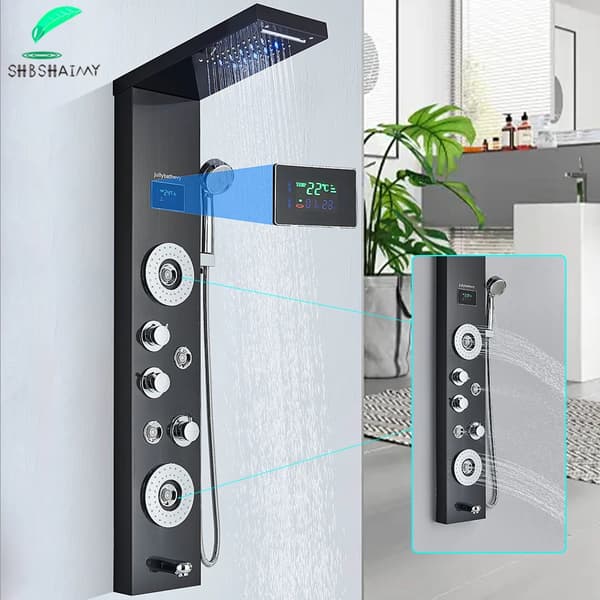 Brusepanel - Model 8006 - LED - Digital temperaturdisplay - Massagejets - 304 rustfrit stål - Glidestang - Sort