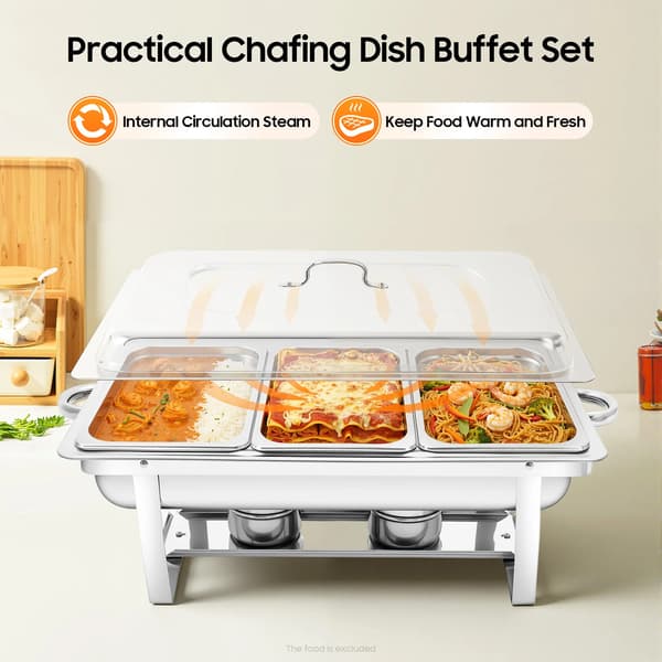 Chafing Dish Buffet - Serveringsvarmer - 3 x 3 L Bakker - 410 Rustfrit Stål - Rektangulær - Sølv