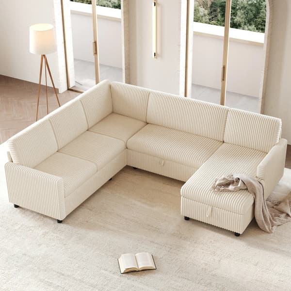 Hörnsoffa - Bäddsoffa - U-formad - 5 Sitsar - Manchestertyg - Utdragbar Sovfunktion - Dold Förvaring - Beige