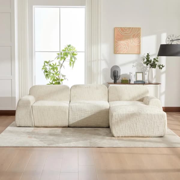 Modulsoffa - L-formad vardagsrumssoffa - 3-sits - Chenilletyg - 30D högelastiskt skum - Flyttbar - Halkfri bas - Beige