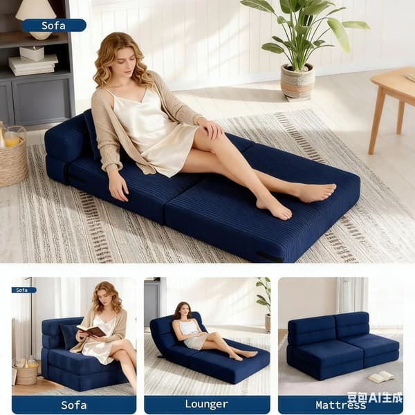 2-i-1 bäddsoffa - Hopfällbar L-formad soffa - Sammanfällbar sovstol - Metallstomme - Sammet - Marinblå