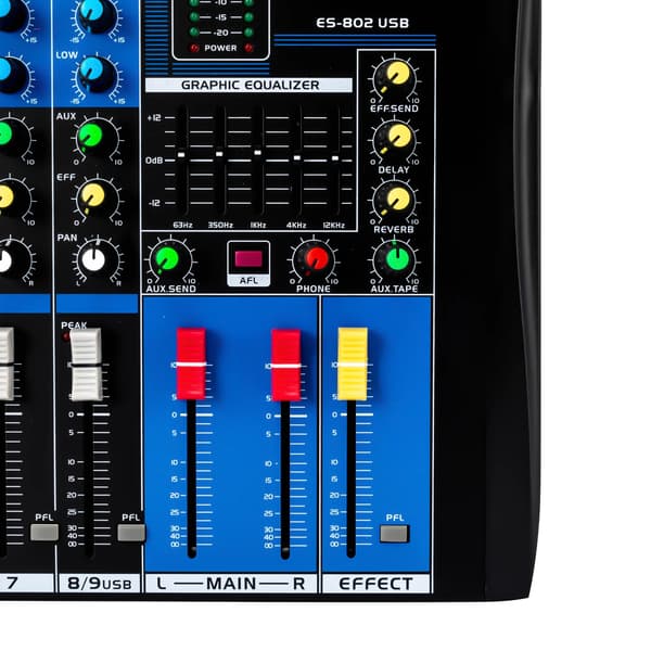 Lydmixer - 8-kanals DJ-controller/mixer - Bluetooth - USB - 48V Fantomstrøm - 5-bånds EQ - Til Live & Studie - Sort