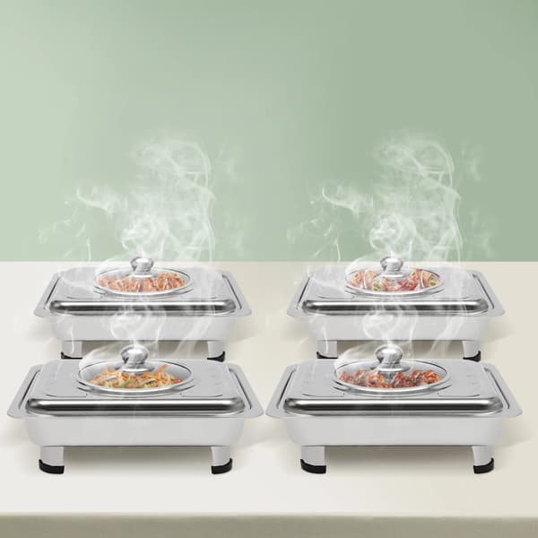 Chafing Dish Buffetform - Rektangulær - Sæt Med 4 - Rustfrit Stål - Glaslåg - Mål 33,5×27,5×9 cm - Sølv