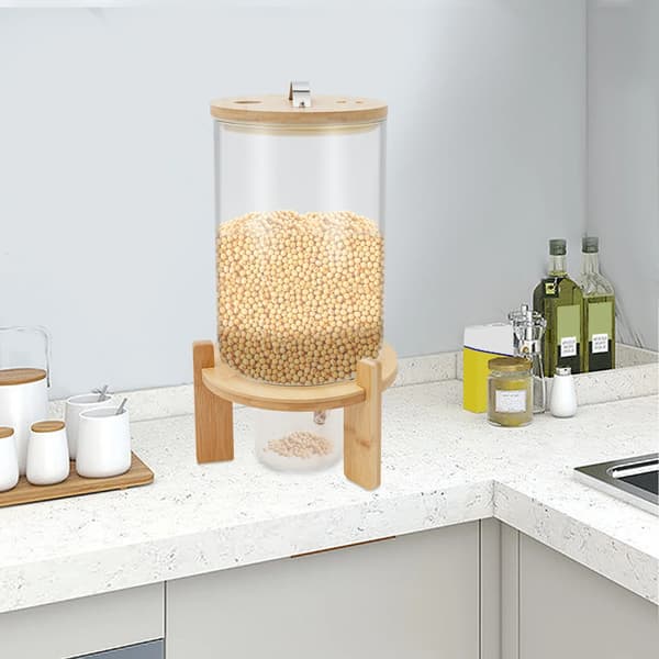 Korn- og müslidispenser - Rund bordbeholder - 7,5 L glas rustfrit stål bambus - Lufttæt tørvareopbevaring - Til ris nødder kaffe slik dyrefoder - Klar