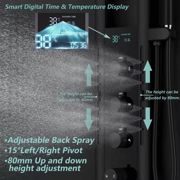 Brusepanel - Vægmonteret brusesystem - Regnbruser - Massagedyser - Vandfaldsbruser - LED-display - Dobbelt regulering - Sort