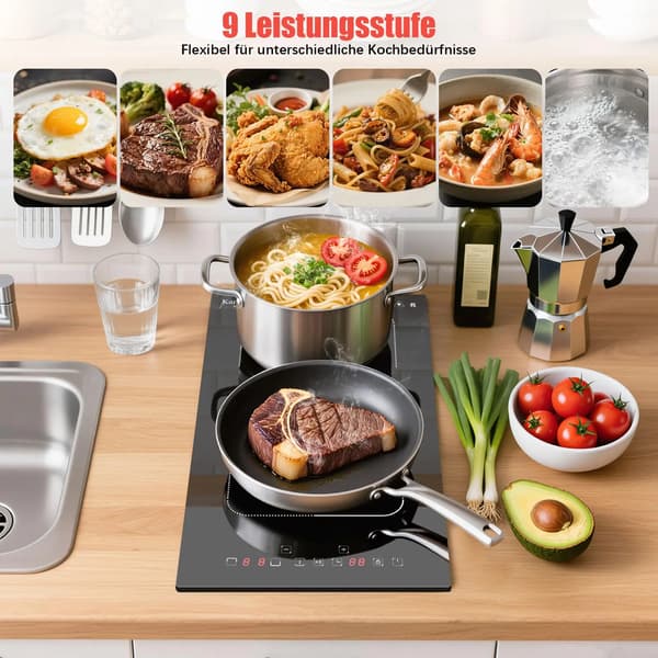 Induktionshäll - 2 kokzoner - Inbyggd - Touchpanel - Timer - Glaskeramik - 220 V