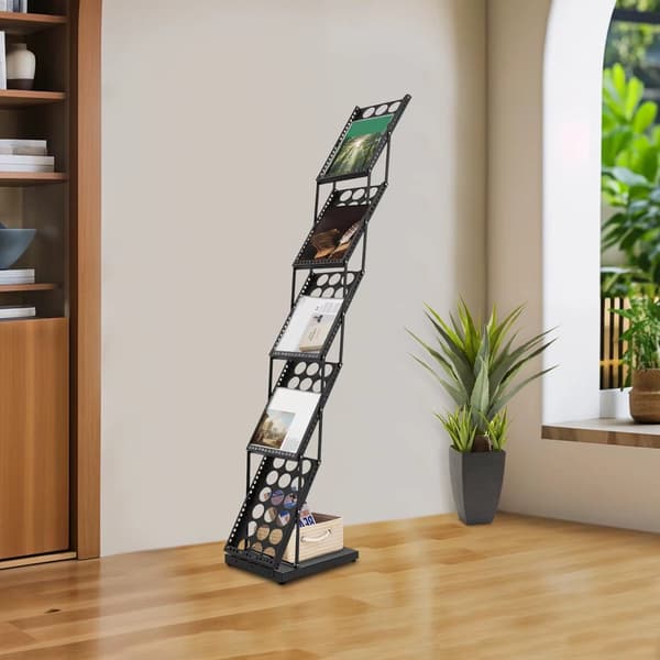 Brochurestativ - Gulvmodel - 5 Lag - A4-format - Sammenklappeligt - Metal - Sort