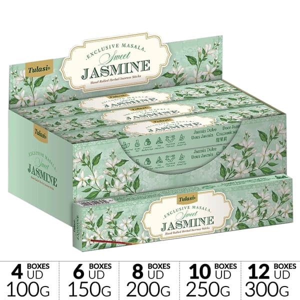 Jasminrøgelse - Røgelsespinde - Indisk Røgelse - Håndrullet - Til Afslapning - Gaveæske - 4 Æsker, 100 g