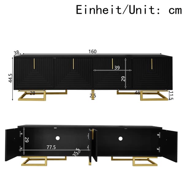 TV-bord - Lowboard - Moderne Stil - Teksturerede Dørpaneler - Guldfarvede Greb - Ben i Guldmetal - Spånplade - Sort