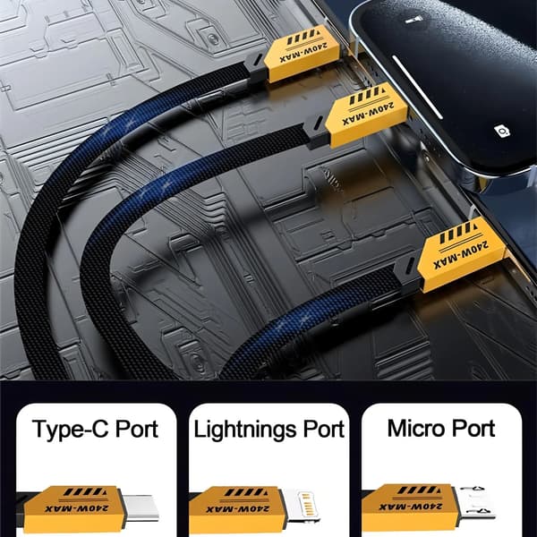 Multi USB Opladerkabel - 3-i-1 Hurtigladekabel - 240W 3A - 1,2 m - Til iPhone Huawei USB-C Micro USB - Sort
