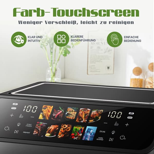 Varmluftsfritös - 9 l Dubbelkorg - 2000 W Ugn - 10 Program - LED-touchdisplay - Visningsfönster - Oljefri Matlagning