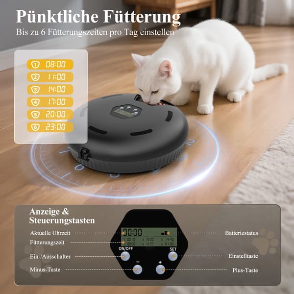 Automatisk kattefoderautomat - Vådfoder - Kølefunktion - 6 måltider - Batteridrevet uden batterier - Sort