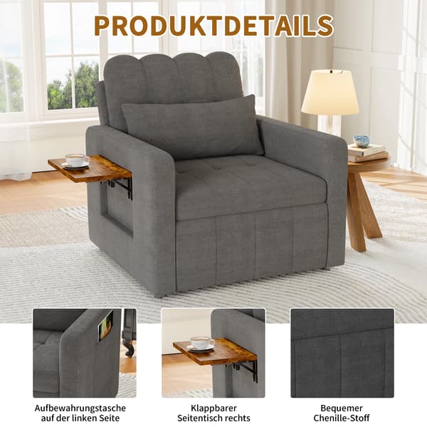 3-i-1 bäddsoffa - Enkelsäng - Utdragbar - Fällbart bord - Sidofickor - Chenille - Grå