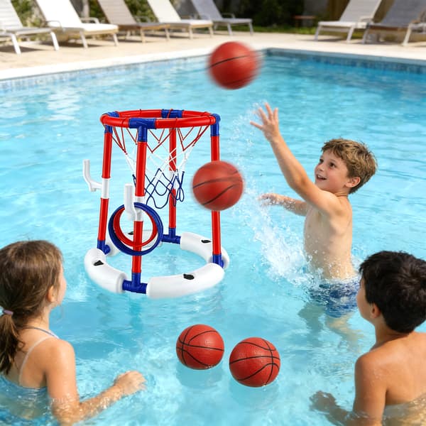 Poolspel 2-i-1 - Basketkorg och ringkastning - 4 Bollar - 12 Ringar - Med Pump - För Pool - Blå