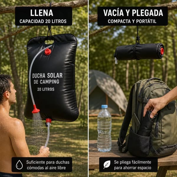 Bærbar solbruser - Campingbruser - 20 l - Sammenfoldelig - PVC - Brusehoved med slange - Sort