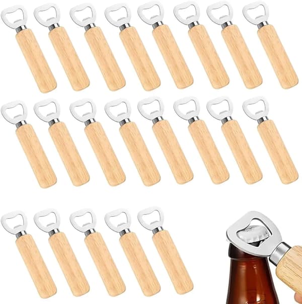 Flaskeåbner - Ølåbner - 100 stk. - Ubehandlet Træ - Lasergraverbar - Rustfrit Stål - DIY-gave