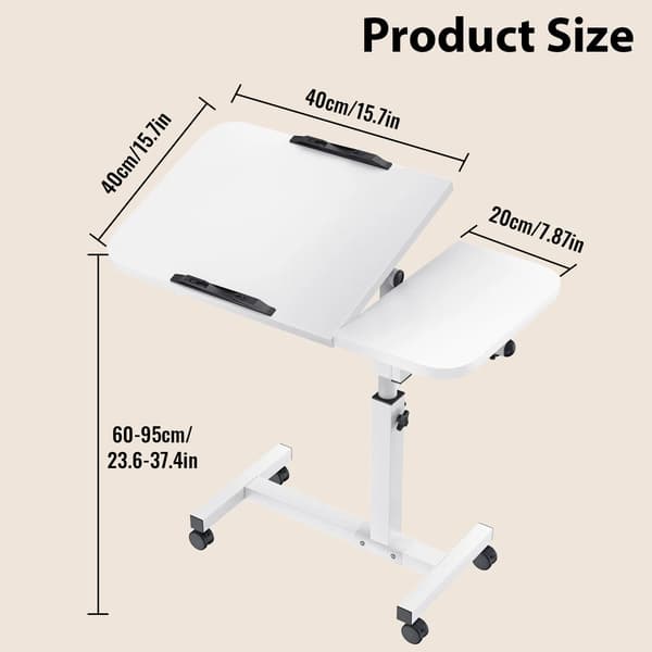 Rullbart laptopbord - Mobilt ståbord - Höjdjusterbart - Vinklingsbart 180° - Säkerhetskant - Med hjul - Vit