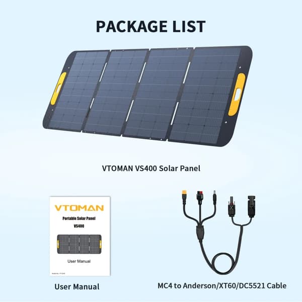 VS400 solcellepanel - Foldbart 400 W bærbart solpanel - 23% monokrystallinsk - IP67 vandtæt ETFE - Justerbart stativ - MC4-stik