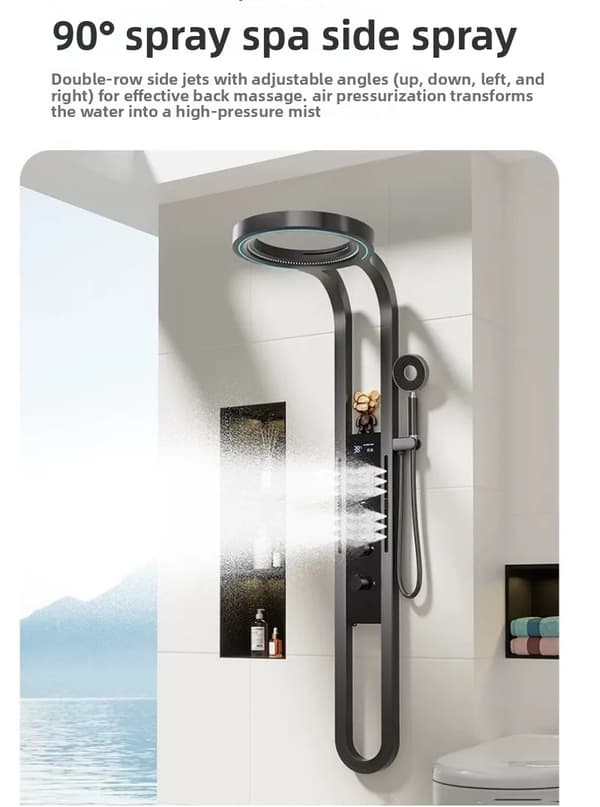 Vægmonteret brusesystem - Brusepanel - LED-lys - Digitalt display - Vandfald - Spa-sidespray - Rustfrit stål - Mørkegrå