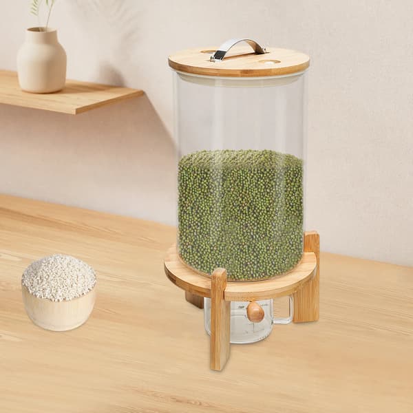 Korn- og müslidispenser - Rund bordbeholder - 7,5 L glas rustfrit stål bambus - Lufttæt tørvareopbevaring - Til ris nødder kaffe slik dyrefoder - Klar