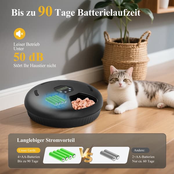 Automatisk kattefoderautomat - Vådfoder - Kølefunktion - 6 måltider - Batteridrevet uden batterier - Sort