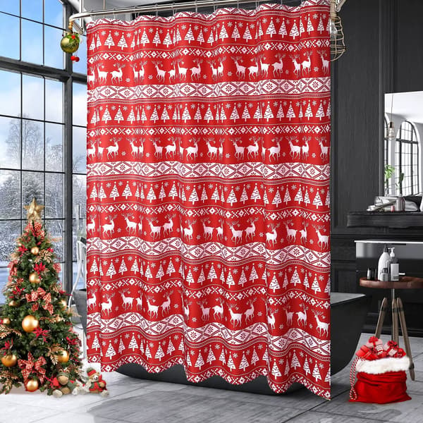Julduschdraperi - Rött med vita granar - Polyester - Präglad struktur - Standardfåll - 182 x 89 cm