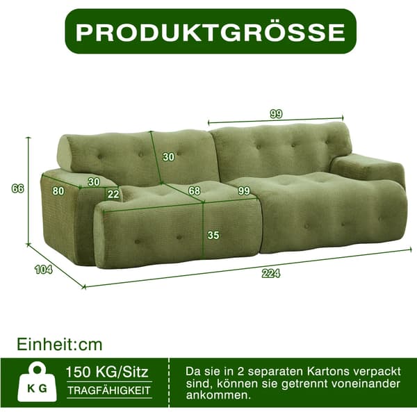 Cloud Sofa - 2-sitsig Fällsoffa - Överdimensionerad - Breda Armstöd - Knappdekor - Chenille - Skumfyllning - Grön