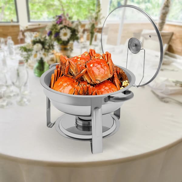 Chafing Dish - Rund Buffetvarmer - 5 l - Rustfrit Stål - Glaslåg - Lågholder - Sølv