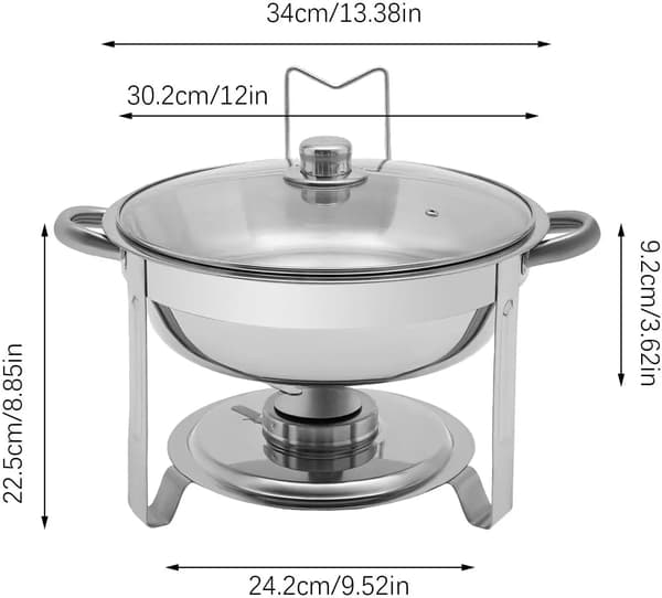 Chafing Dish - Rund Buffetvarmer - 5 l - Rustfrit Stål - Glaslåg - Lågholder - Sølv