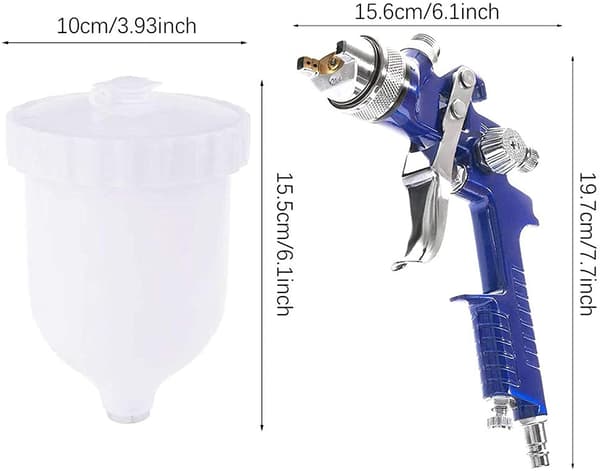 Färgspruta - HVLP sprutpistol - Justerbar flödesventil - Lufttrycksregulator - 600 ml plastkopp - 3 munstycken - Blå