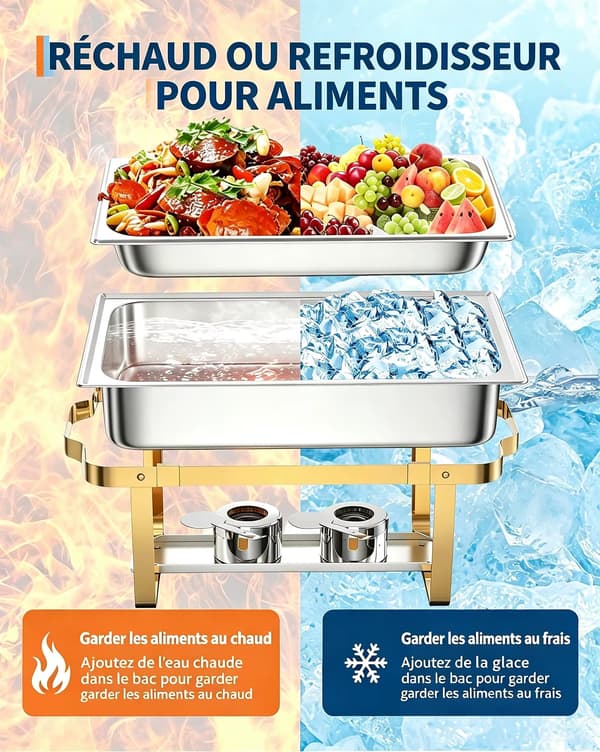 Chafing Dish - Rektangulær buffetmadvarmer - Rustfrit stål 201 - 7,6 l - Lågholder - Ske og tang - Guld