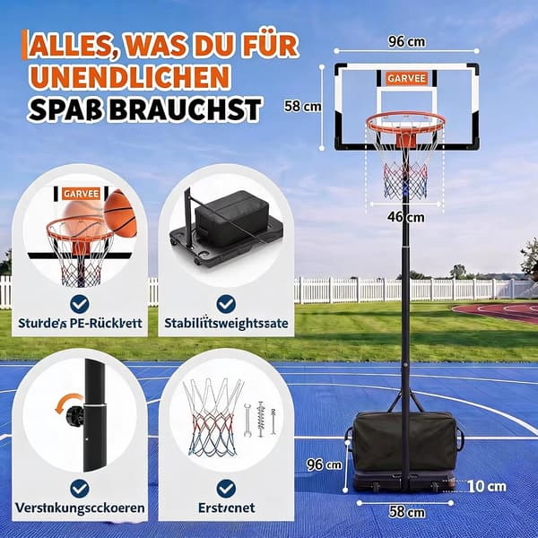 Basketkurv - Højdejusterbart stativ - 100–305 cm - Bagplade - Stabil base - Inkl. net - Til inde og ude - Sort
