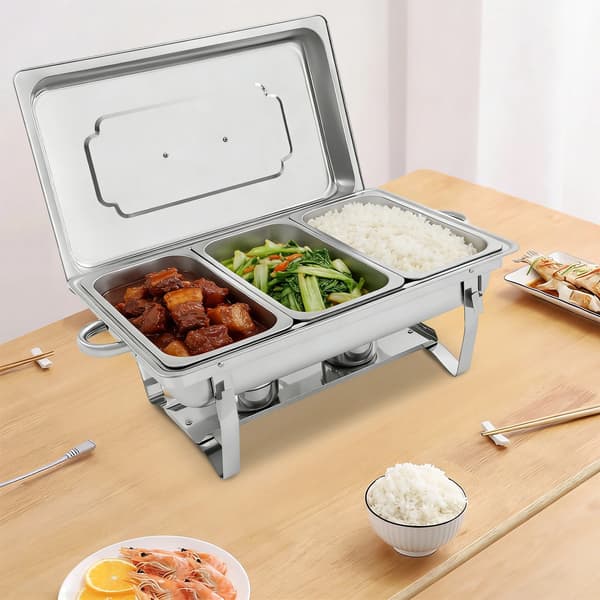 Buffetvarmer - Chafing Dish - Rustfrit stål - Rektangulær - Med låg - 3 rum - Til catering & restaurant