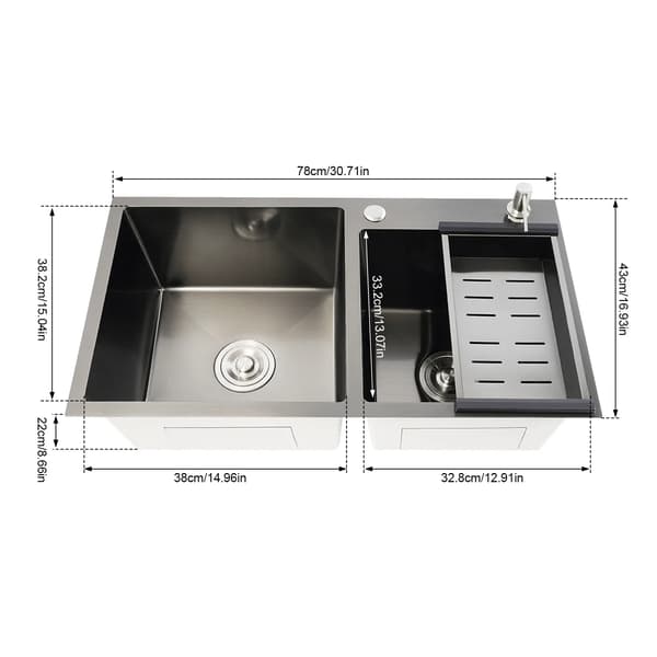 Køkkenvask - Dobbelt rektangulær - Rustfrit Stål 304 - Mål 78×43×22 cm - Under-/Plan-/Overmontering - Tre Huller - Uden Armatur - Grå