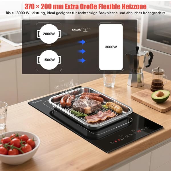 Induktionshäll - 2 kokzoner - Inbyggd - Touchpanel - Timer - Glaskeramik - 220 V