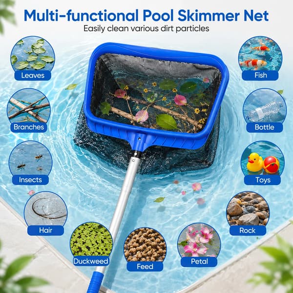 Poolrensenet - Poolskimmer med dyb netpose - 3,2 m Skaft - Til Blade og Affald - Til Pool og Spa - Blå