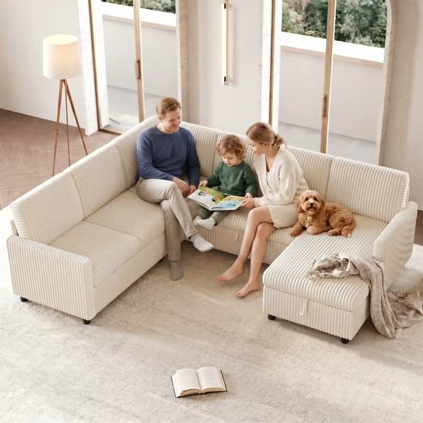Hörnsoffa - Bäddsoffa - U-formad - 5 Sitsar - Manchestertyg - Utdragbar Sovfunktion - Dold Förvaring - Beige