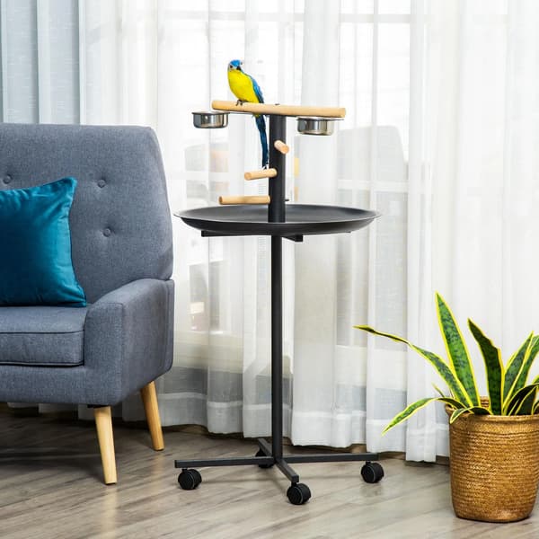 Fuglefoderhus - Foderstation til havefugle - 4 kroge 2 rustfri skåle - Ø60 cm højde 111 cm - Grå