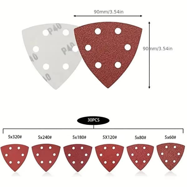Slippapper för multislip - Triangulära slippads - 30-pack - 6 hål - Korn 60–320 - För deltalslip/mussslip
