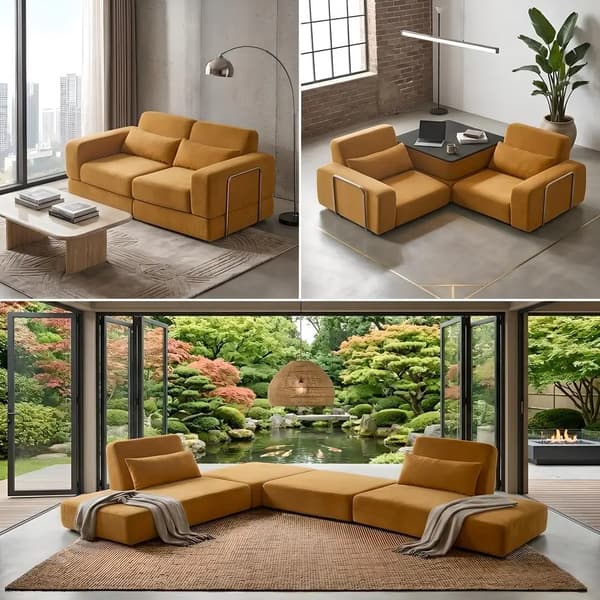 Fällbar bäddsoffa - Modulär 4-i-1-soffa - L-formad - 1,8 m - Kuddrygg - Ingefärsgul