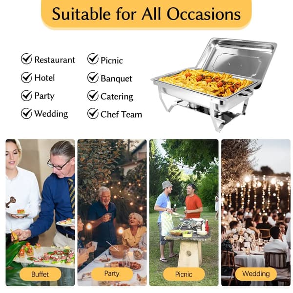 Buffetvarmer - Chafing dish - Sæt med 2 - Rektangulær - Rustfrit stål - Låg, vand- & madbakke, stel, brænderholder - Sølv