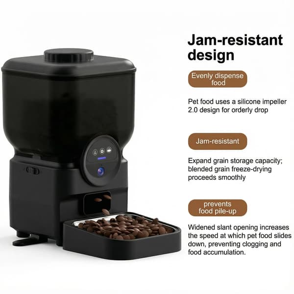 Automatisk kattefoderautomat - Smart WiFi foderdispenser - App-styring, Kamera, Kapacitet 6,5 L, Genopladelig, Rustfrit stål - Sort