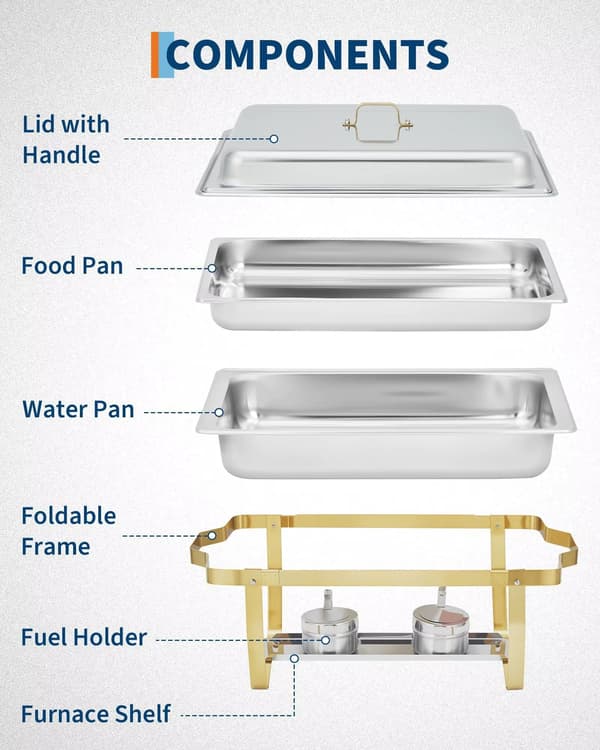 Chafing Dish - Rektangulær buffetmadvarmer - Rustfrit stål 201 - 7,6 l - Lågholder - Ske og tang - Guld