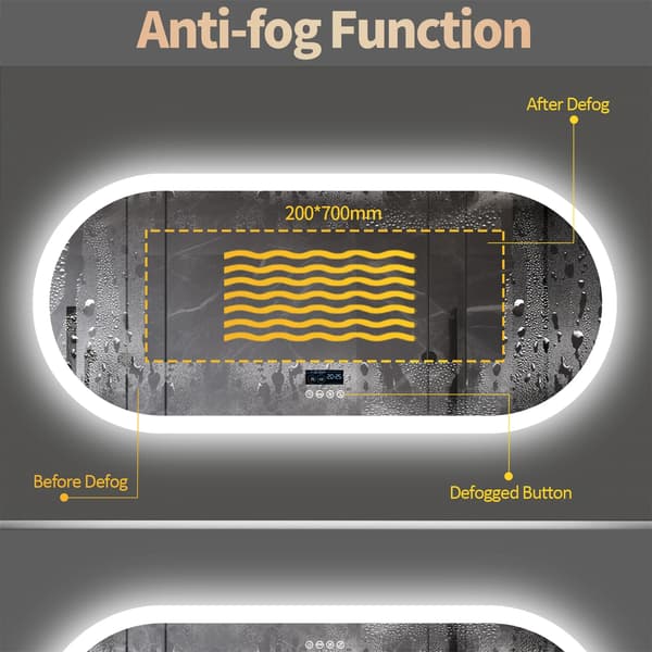 Stor badrumsspegel - Oval LED väggspegel - Bluetooth - Digital display - Fram/bakbelyst - Imfri - 120x60 cm