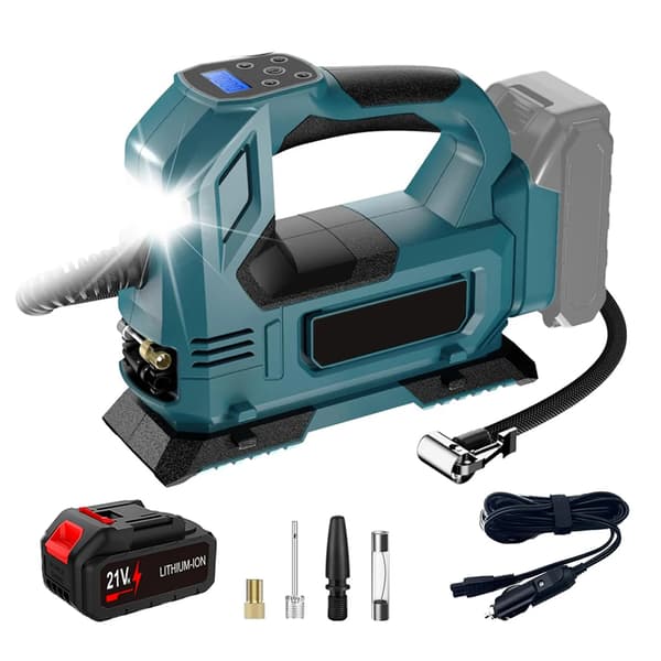 Trådløs luftpumpe - Dækpumpe/kompressor - 18V system - LED-lys - Sæt med 1 batteri - Sort