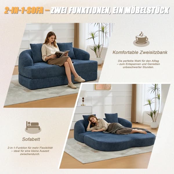 Chenillesoffa - 2-sits bäddsoffa - 2-i-1 - Utfällbar - Med 2 kuddar - Modern stil - Marinblå